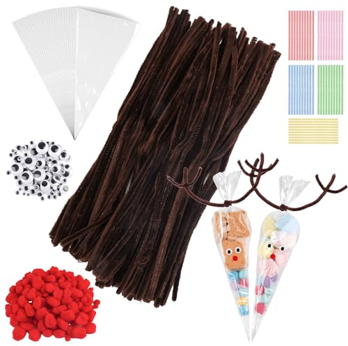 100 Stück Süßigkeiten Tüten, Cellophantüten, Pfeifenreiniger zum Basteln, Spitztüten mit 150 Wackelaugen, 100 Pfeifenputzer Braun, 150 Rote Pompons für Weihnachtsgeschenke