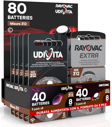 80 Baterías 312 para Audífonos Auriculares PR41 Marrones Zinc Aire con Phono Pulse Technology para Amplificador Acústico 80 Pilas 40 Udivita + 40 Rayovac