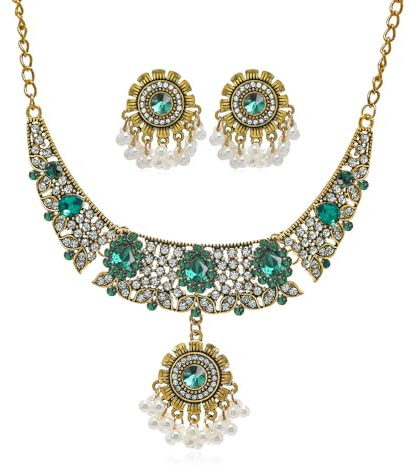 FDEETY 2 Piezas Conjunto Collar Pendientes Gota Cristal Perlas Decorativas Joyería Elegante Mujer Adorno Ceremonial Estilo Tradicional Dorado