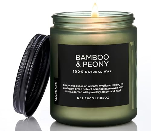 M&SENSE Candele Profumate Soia Peonia di Bambù 200g, Fragranza Fresca e Floreale 50 Ore, Candela per Relax e Ambiente Zen, Regalo Sostenibile e Rilassante per Casa e Ufficio