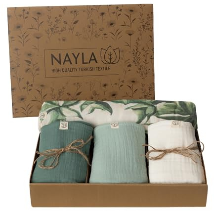 Nayla Muselinas Bebe Algodon 120x120 y 65x65-100% Organico con Gasas Grandes Suaves para Recién Nacido Muy Versátiles como Arrullo para Verano - Manta Ligera Color Verde Jungla.