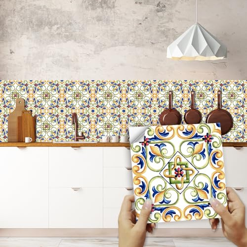 Fliesenaufkleber Grün, Blau, Gelb Klebefliesen Küche Klebefliesen Mosaik Fliesenfolie Küche Bad Selbstklebende Küchenrückwand Wandfliese Aufkleber