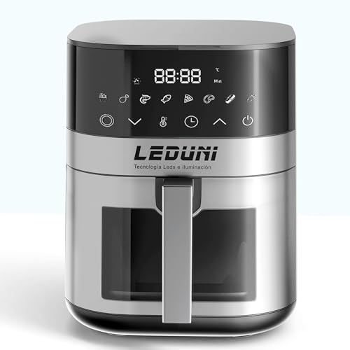 Leduni Freidora de Aire sin Aceite 6L de capacidad 1700 W, air fryer 8 programas Uso Sencillo, Panel Táctil Air Fryer,Temperatura Regulable 80-200°C, ahorro energético hasta 70% (Gris)