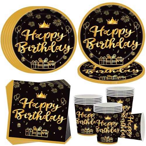 OMZSXK Schwarz Gold Partygeschirr für 16 Gäste,Happy Birthday Partyteller Party Geschirr Set,Geburtstagdeko Pappteller Becher Servietten,Männer Frauen Kinder Geburtstag Deko