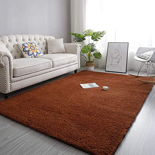 Alfombra suave y esponjosa de lana de cordero marrón para salón y dormitorio, 80 x 160 cm
