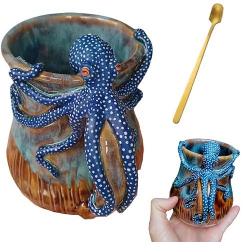 Tazza di Polpo Azzurro Profondo, Immergiti in Ogni Sorso - Tazza Guglia Fatta a Mano, Tazza Creatura Marina con Tentacoli Polpi per La Barba Manico per La Barba per Amanti del Mare