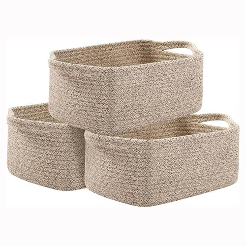 MOLVCE Baumwollseil Aufbewahrungskorb 3er-Set, Aufbewahrungskorb aus Baumwolle Korb Faltbare mit Griffen, Square Wäschekorb Baumwolle Korb für Wohnzimmer, Kinderzimmer, Badzimmer, Flachs