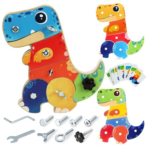 FEMBW Montessori Spielzeug ab 3 4 5 Jahre, Dinosaurier Schrauben Kinder Busy Board mit Puzzle, Holz Motorikspielzeug Lernspiele Kinderspielzeug Geschenk für Mädchen Junge