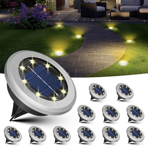 Jsdoin 12 Pezzi Luci Solari da Giardino, 8 LED Esterno Impermeabile Sepolta Solari, IP44 Lampade Faretto Solare da Terra per Prato Vialetto Cortile Strade Paesaggio (Bianco Caldo)