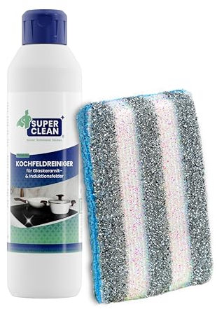SUPER CLEAN Detergente per piano cottura per tutti i piani cottura in vetroceramica e induzione. Contenuto: 250 ml + spugna Duo. Pulizia e cura brillanti: rimuove bruciato e grasso, senza