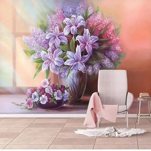 Vase Avec Des Lys Violets Papier Peint 3D Intissé Tapisserie Bureau Salon Canapé Chambre Fond Décoration Murale-150cm×105cm