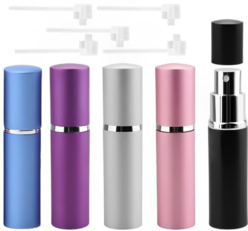 WORUIB 5 Perfume Travel Bottle, Refillable Perfume Atomisers with 5 Filling Tools, Portable Mini Spray Bottles for Travel, Daily Use and Gifting, 9.6cm X 2.3cm Aluminum Bottles in 5 Colors