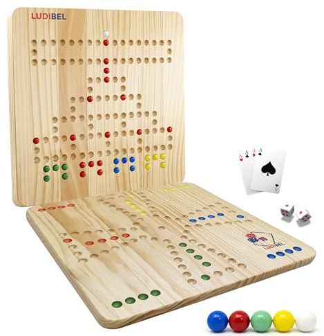 Ludibel – Tock Spiel & Barrikade (Blockade Spiel) aus Holz – XL 40x40cm – Doppelseitiges Brettspiel 4 Personen – Kompatibel mit Ludo & Tac – Inkl. Spielkarten, Murmeln & Würfel – Senioren & Familie