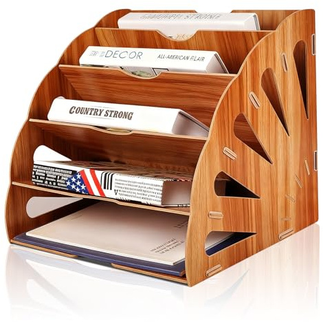 PORFOYO Holz Schreibtisch Datei Organizer, Dokumentenablage A4 Briefablage 5 Ablagefächer, Ablage Schreibtisch, Dokumentenhalter für Büro Arbeitszimmer Schule Office, 34 * 28 * 28cm