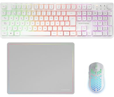 Mars Gaming MCPWX, Trådlös Gaming-Combo, DualPro Link 2.4GPRO-teknologi, Fullstorlek FRGB-tangentbord med Multimediakontroll + RGB 3200DPI-mus + Halkfri musmatta 360x260mm, Vit, Spanska