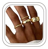 LOLIAS 4 Stück Chunky Ringe Gold Wasserfest 18K Vergoldet Ring Edelstahl Statement Goldene Ringe Damen Damenring Fingerring Stapelringe Verlobungsring Promise Goldring Set Damen Schmuck Größe 59