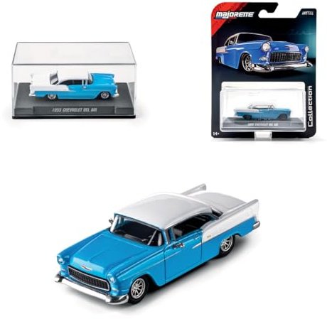 Majorette Collection 1955 Chevrolet Bel Air, Voiture en métal Bleu et Blanc, échelle 1:64, Roues en Caoutchouc, phares Transparents, présentoir à vis, spécial collecteur, 14 Ans (8505001001)
