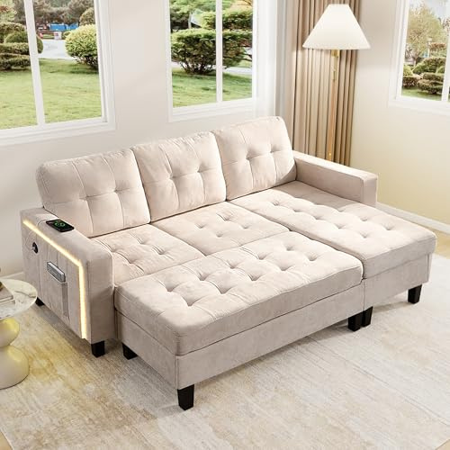 Set di Divani Angolare con illuminazione LED e Porta di ricarica USB, Tasche laterali e Poggiapiedi Mobile, Divano a L Tre Posti con pouf a Due posti, divano Letto Modulare Moderno per Soggiorno,Beige