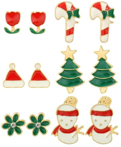 SHIYOUO 6 Paia di Orecchini Natalizi, Orecchini a Bottone Natalizi, Fiocco di Neve, Renna, Babbo Natale, Orecchini a Forma di Albero di Natale per Donne, Bambini e Ragazze - Stile B