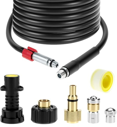 QWORK® Kit Tuyau Déboucheur Canalisation (15m, 180 bar/2600PSI) pour Nettoyeur Haute Pression – Compatible avec Karcher, Parkside, Lavor et Bosch Professional, Inclut Buse Fixe et Buse Rotative