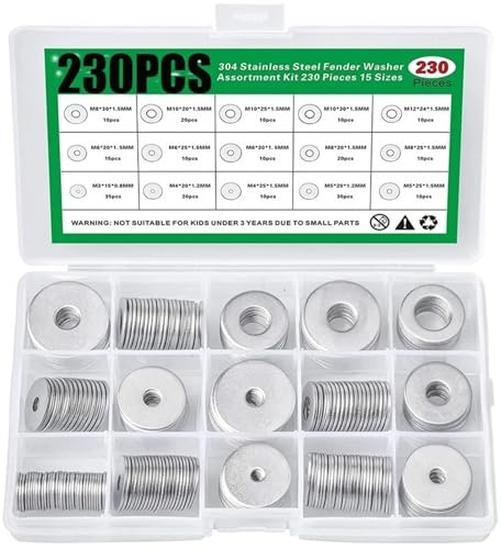 Kit Assortimento Di Rondelle Grandi In Acciaio Inossidabile 304 Da 230 Pezzi, 15 Misure M3 M4 M5 M6 M8 M10 M12, Rondella Piatta Allargata