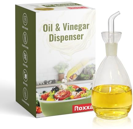 Roxxa Oil and Vinegar Dispenser, Glass Bottle Cruet with Pourer and Funnel in a special protected case, Drip Free, Dishwasher Safe Olive Oil Pot, Carafe, Decanter for Kitchen, 13.5 oz / 400 ml