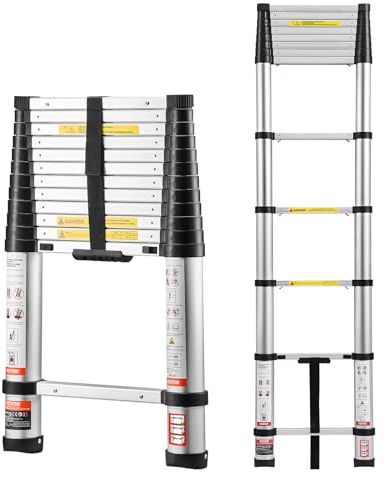 VEVOR 12.5ft Telescoping Ladder, Aluminum Lightweight Multi-Purpose Collapsible Extension, One-Touch Retraction Ladder, Heavy Duty 330LBS Max Capacity with Non-Slip Feet, for Home, Outdoor Work, Loft
