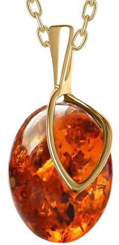 miyou - Vergoldete Bernstein Kette Anhänger Damen Halskette (14 Karat) aus 925er Sterling Silber mit Natur Bernstein – Elegantes Schmuckstück für Frauen (Cognac)