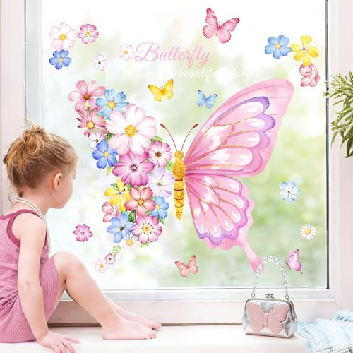 Supzone Fensterbilder Kinderzimmer Frühling Sommer Fensteraufkleber Selbstklebend Blumen Schmetterling Fenstersticker Anti-Kollision Fensterfolie Glastüren Fensterdeko