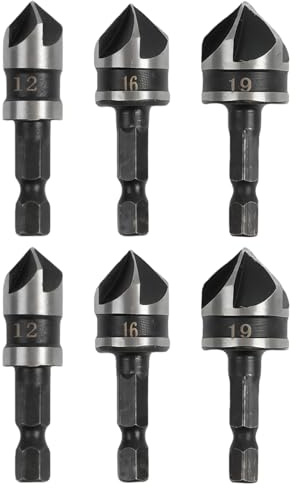 6 Pcs 5-Blade Countersink Drill Bits, 1/4 Inch Hex Shank 90° Countersink Cutter Set, 12mm 16mm 19mm HSS Drill Bits for Wood, Plastic, Plywood & Soft Metal