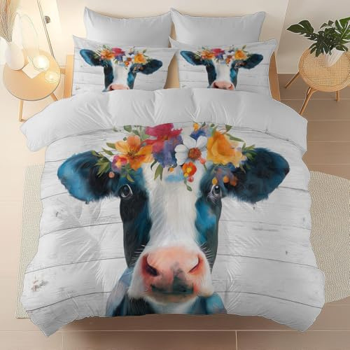 Bettbezug 155 x 220 cm, Hellgrau Modisch Niedlich Tier Kuh Bettwäsche, Wende Microfaser bettwäsche für Jungen Mädchen Bettbezug mit 2 Kissenbezügen - Kinder & Teenager Geschenk