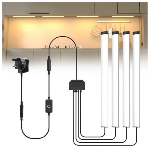 Lustaled Flach Unterbauleuchte Küche LED mit Kabel, 4 x 30cm Vitrinenbeleuchtung LED Küchenlampe Unterbau Warmweiß 3000K, Touch Dimmbare Küchenunterbauleuchte 230V für Schrank, Vitrine, Regal
