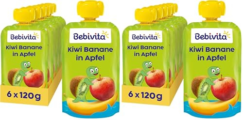 Bebivita Kiwi Banane in Apfel Quetschie (6 x 120g), ohne Zuckerzusatz, glutenfrei, ideal für unterwegs und selbständiges Snacken (Packung mit 2)