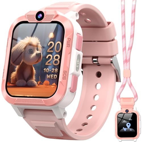 IOWODO Smartwatch Kinder mit GPS & 4G Telefonfunktion, 850mAh 7-Tage Akku, SOS-Notruf, Sprachanruf, Schulmodus, IP68 Wasserdicht, Kinderuhr Geschenk für Mädchen, Rosa