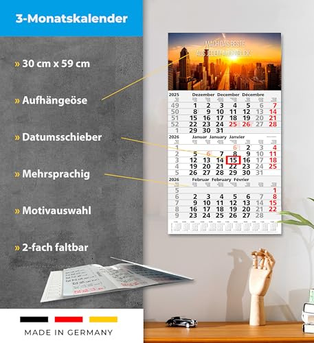 3-Monatskalender 2026 Wandplaner Dreimonatskalender 30 x 59 cm mit Schieber mehrsprachig d/fr./engl (City)