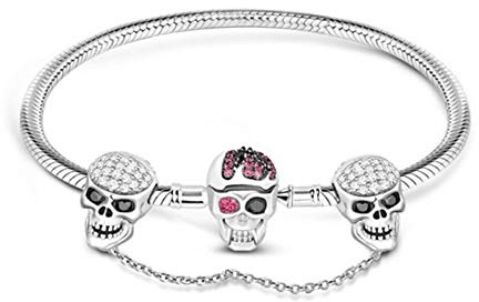 GNOCE Schädel Charm Armband Mit Sicherheitskette 925 Sterlingsilber Nur die Liebe bleibt am Leben Schlangenkette Bettelarmband für Damen Herren (20)
