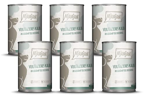 MjAMjAM - nourriture humide premium pour chiens - excellent veau aux courgettes vapeur, pack de 6 (6 x 400 g), sans céréales avec supplément de viande