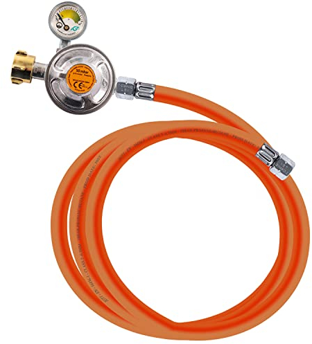 Gasschlauch Set bestehend aus Gasdruckregler 50 mbar mit Manometer und Sicherheitsventil sowie flexiblem Gasschlauch 200 cm - ideal für Gasgrills, Heizstrahler, Hockerkocher, Gaskocher, Lampen, uvm.