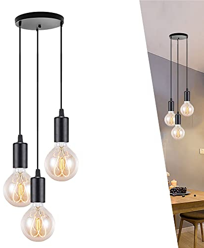 Lámpara de techo colgante, color negro, 3 focos, moderna, con casquillo E27, de metal, para cocina, comedor, salón, restaurante, dormitorio, pasillo