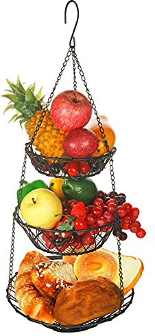WILLIZTER 3 Tier Hanging Basket with Sturdy Metal Chain Hanging Hooks Fruit and Vegetable Basket Heavy Duty Wire Organizer Space Saving Rustic Country Style Kitchen Storage