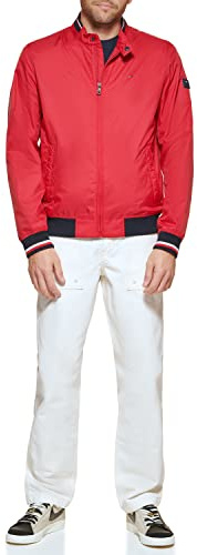 Tommy Hilfiger Chaqueta bomber de punto acanalado ligera para hombre, Poliéster rojo, XL