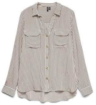 Vero Moda Blusa para Mujer, Informal, con Bolsillos en el Pecho, elástica, Manga 3/4, Parte Superior, Lentil/Rayas Marrones: Blanco Nieve, M
