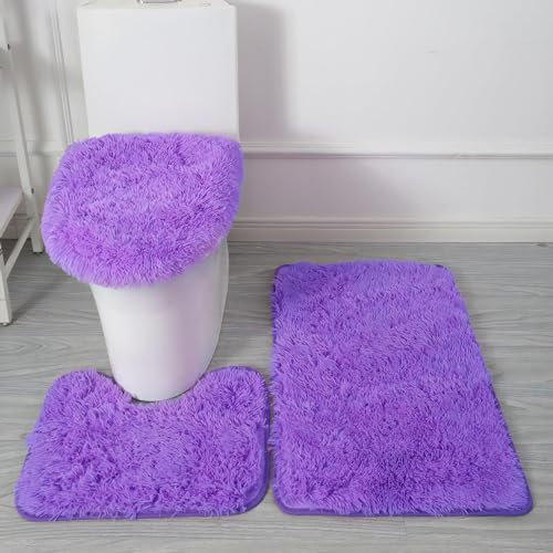 Eanpet Purple Bathroom Rugs Sets 3Piece Bath Mat Solid Bath Rug Floor Mats Washable Shower Rug with U-Shaped Contour Rug Toilet Lid Cover