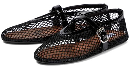 DOEYG Ballerines plates en maille pour femme, avec sangle à boucle confortables et décontractées, noir, 37 EU