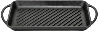 PraTiKo Life Bistecchiera in Ghisa Manico in Legno Pieghevole, Antiaderente, Induzione, Gas e Elettrico, Cottura tipo Brace (39.5x22cm 2 Manici)