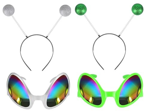 JJiaoLinin 4 Pieces Alien Headband And Glasses, Alien Costume Accessories Alien Antenna Headband Rainbow Lens Sunglasses for Alien Party Supplies Halloween Costume Accessory