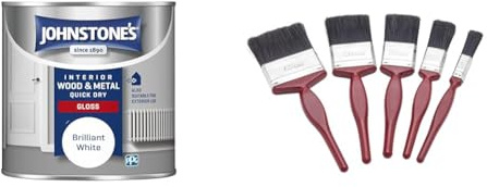 Johnstone's - Quick Dry Gloss - Brilliant White - Gloss Finish - Water Based - Interior Wood & Metal & Fit For The Job 5 pc Mixed Sizes Paint Brush Set for a Smooth Finish with Emulsion, Gloss