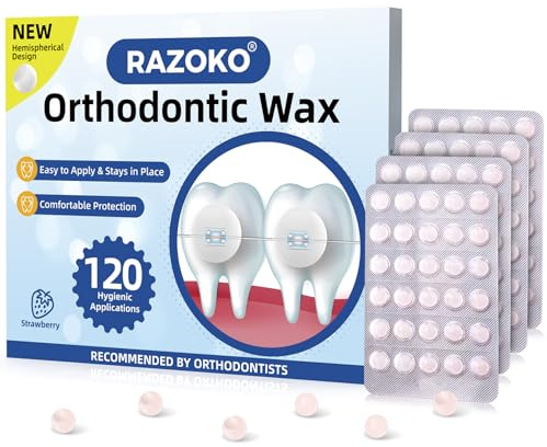 RAZOKO Kiefergerechtes Wachs für Zahnspangen Wax Dots 120 Einzelne Hygieneverpackung Zahnwachs Erdbeere