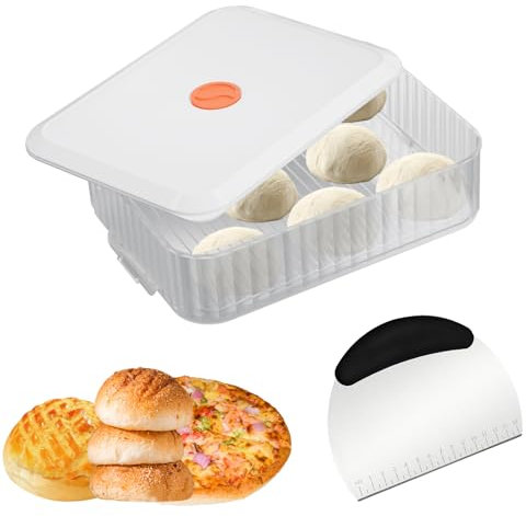 KATIMI Boite a Pizza Blanche avec Acier Inoxydable Coupe Pate, 31 × 23 × 8.7cm Bac a Paton Pizza, Boîte Alimentaire Plastique avec Couvercle D'enregistrement de la Date, Bac à Pâton pour Fermentées