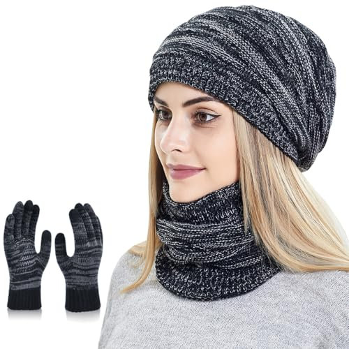 KIRAAT Damen Slouchy Beanie Schal Handschuhe Set für Mädchen Warme Strick Winter Ski Hut mit Fleece gefüttert (schwarz)